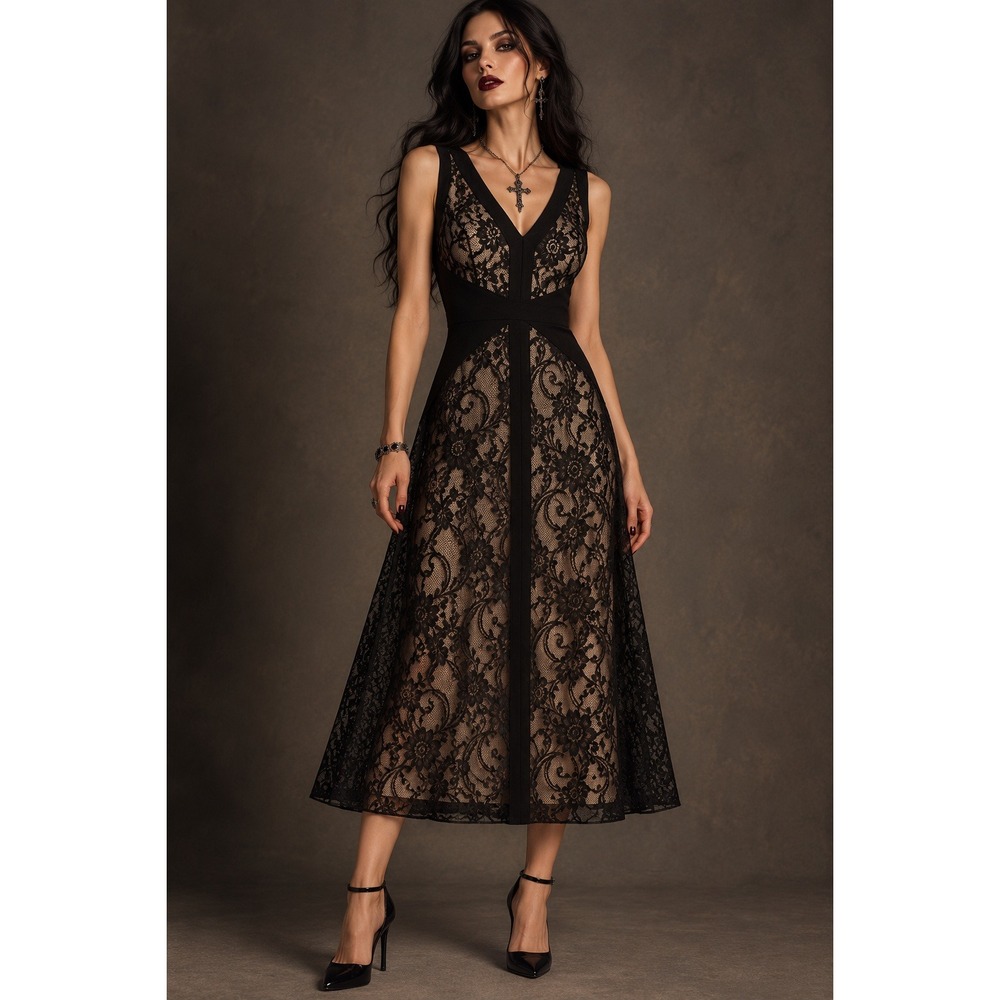 Black Lace Midi Dress M V-Neck Sleeveless Whimsigoth Dark Romantic Glam VTG Y2K
